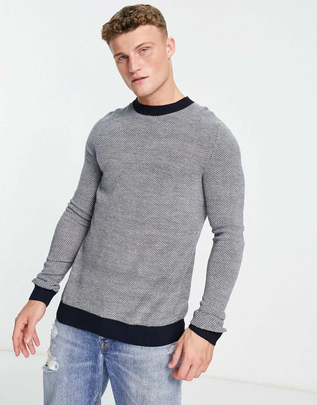 

Темно-синий текстурированный джемпер с круглым вырезом Jack & Jones Originals