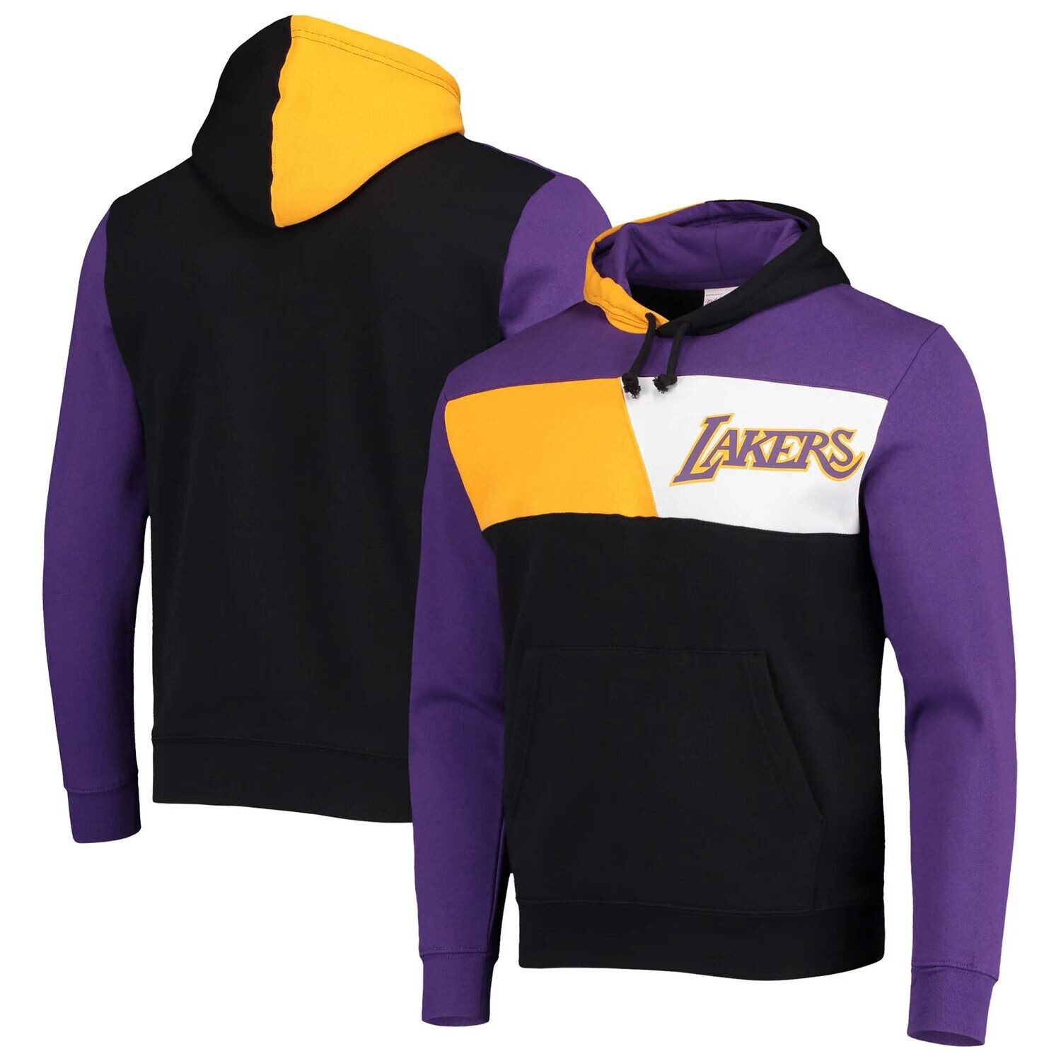 

Мужской черный флисовый пуловер с капюшоном Mitchell & Ness Los Angeles Lakers из твердой древесины Classics с цветными блоками