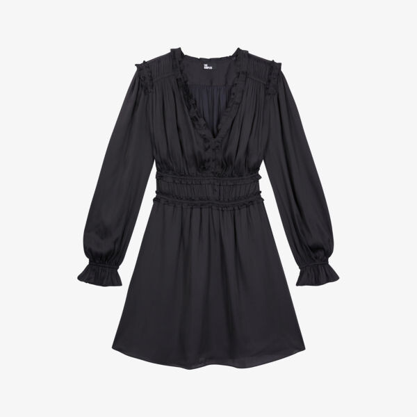 

Тканое платье мини с V-образным вырезом и присборенной талией The Kooples, черный