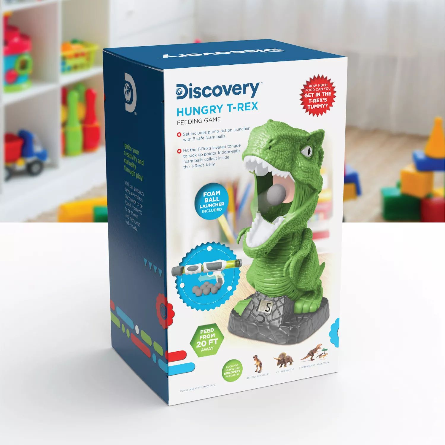 Игра Discovery Kids Hungry T-Rex Feeding, соревнование по стрельбе в  карнавальном стиле для детей, включает в себя 8 безопасных пенопластовых  шариков для использования в помещении с воздушной пусковой установкой  Discovery Kids –