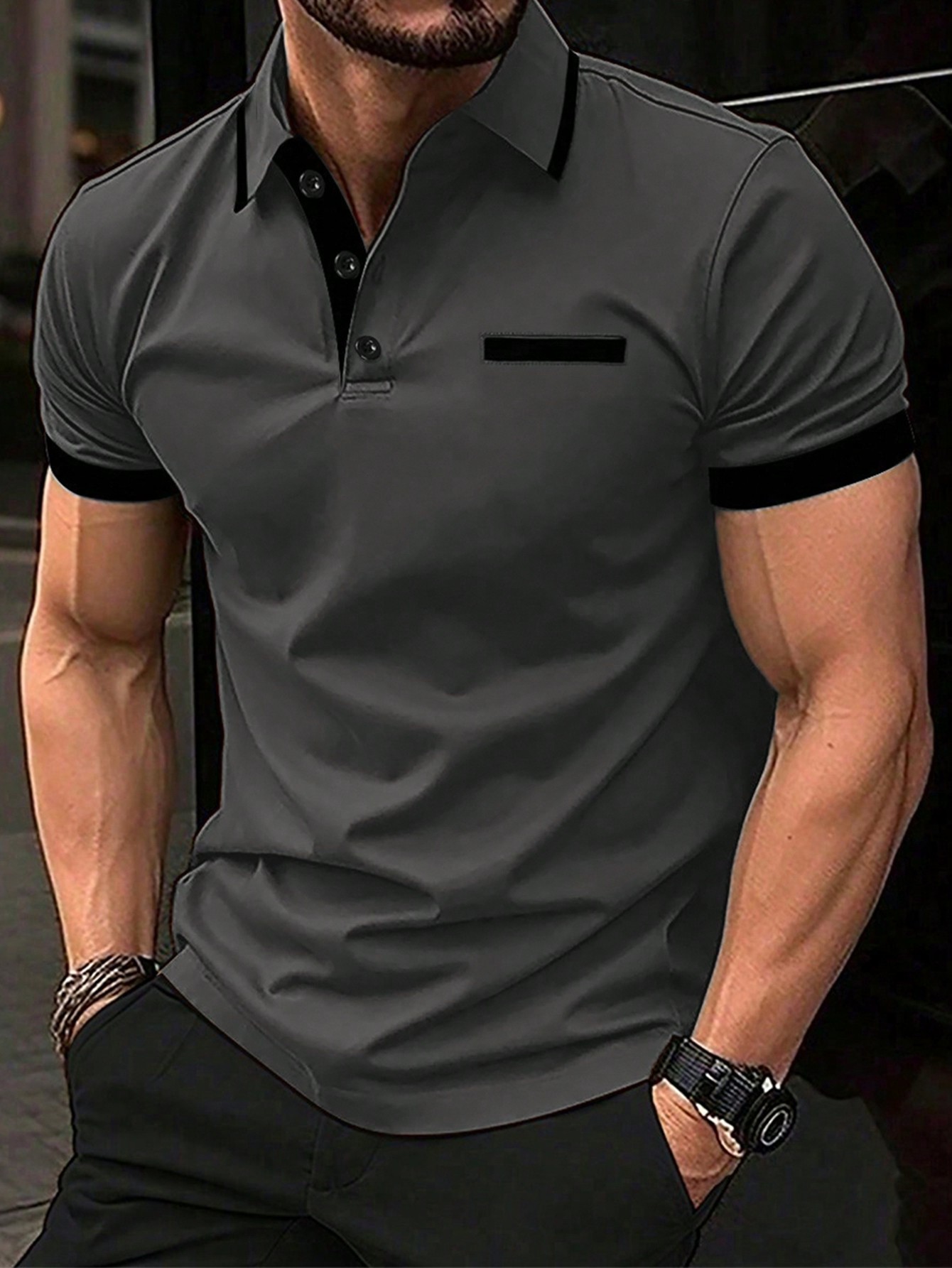 Мужская рубашка-поло контрастного цвета Manfinity Homme, темно-серый мужская рубашка поло контрастного цвета manfinity homme хаки