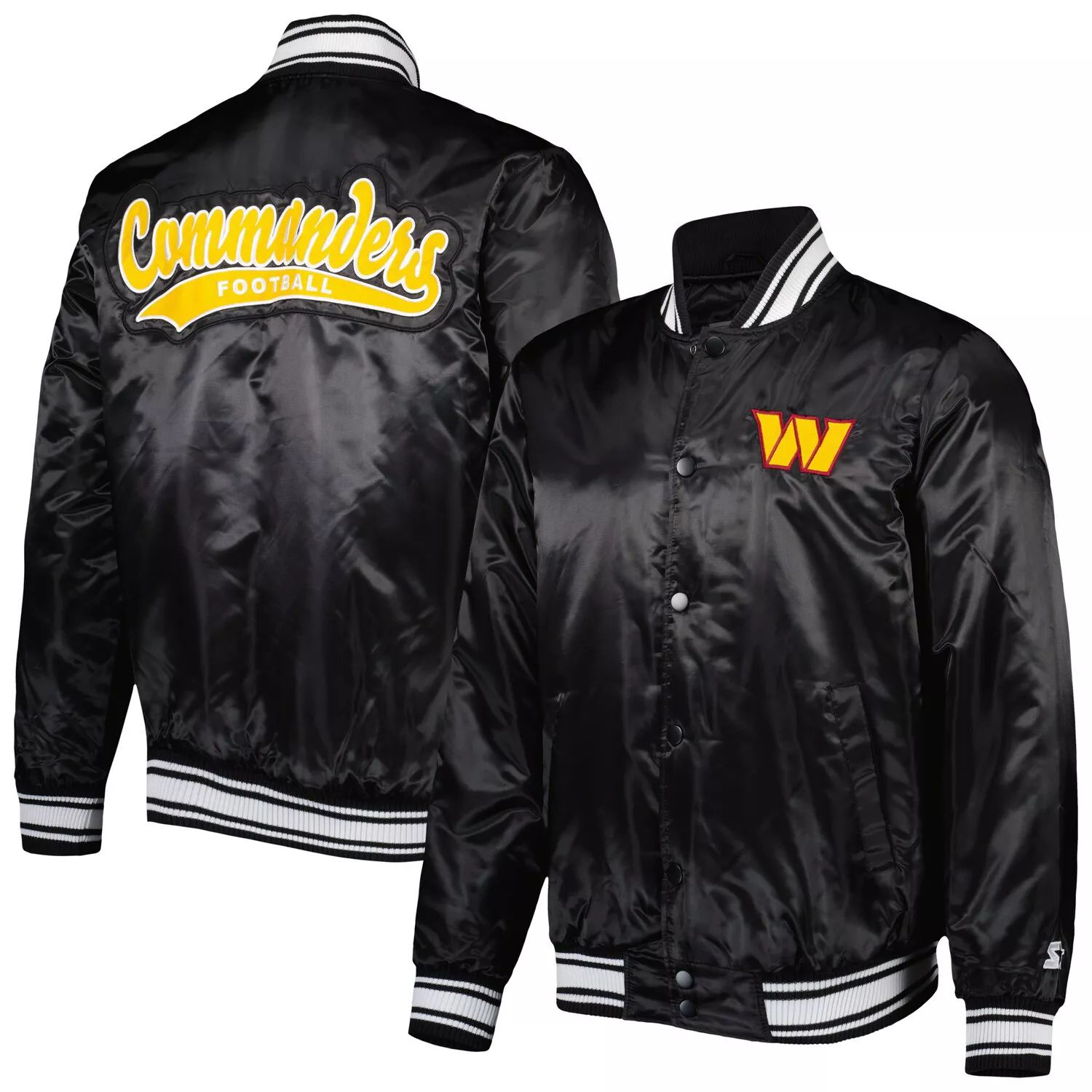 цена Мужская черная атласная университетская куртка на кнопках Washington Commanders Locker Room Starter