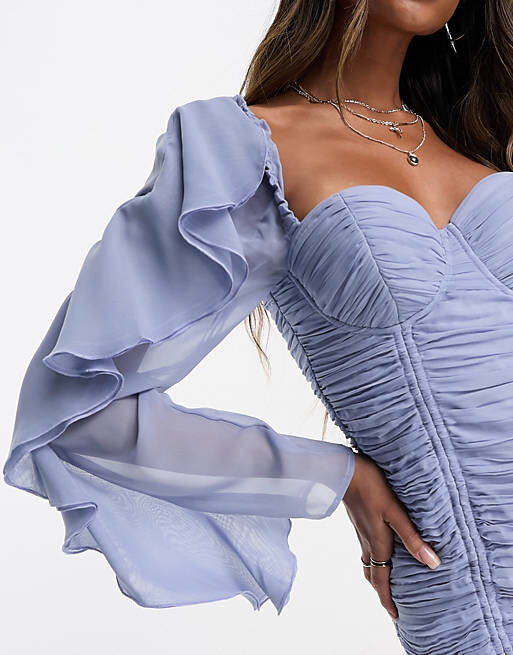 

Пыльно-синее платье мини со сборками и корсетом ASOS LUXE