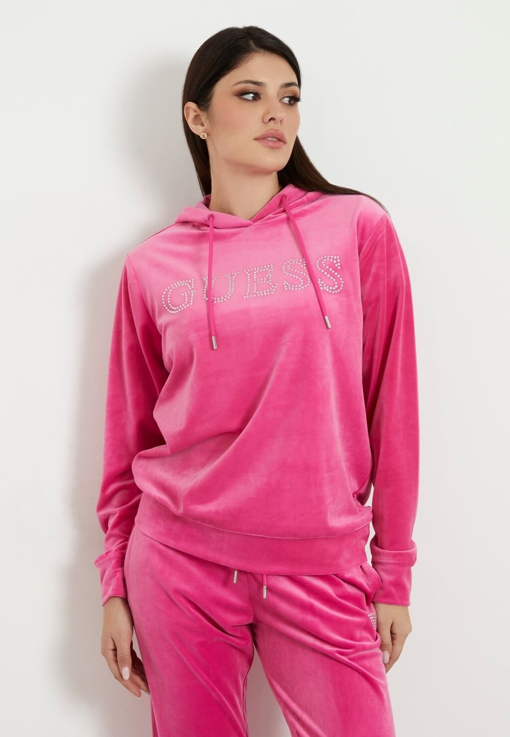 

Толстовка с капюшоном Strass Frontlogo Guess, цвет fuchsia