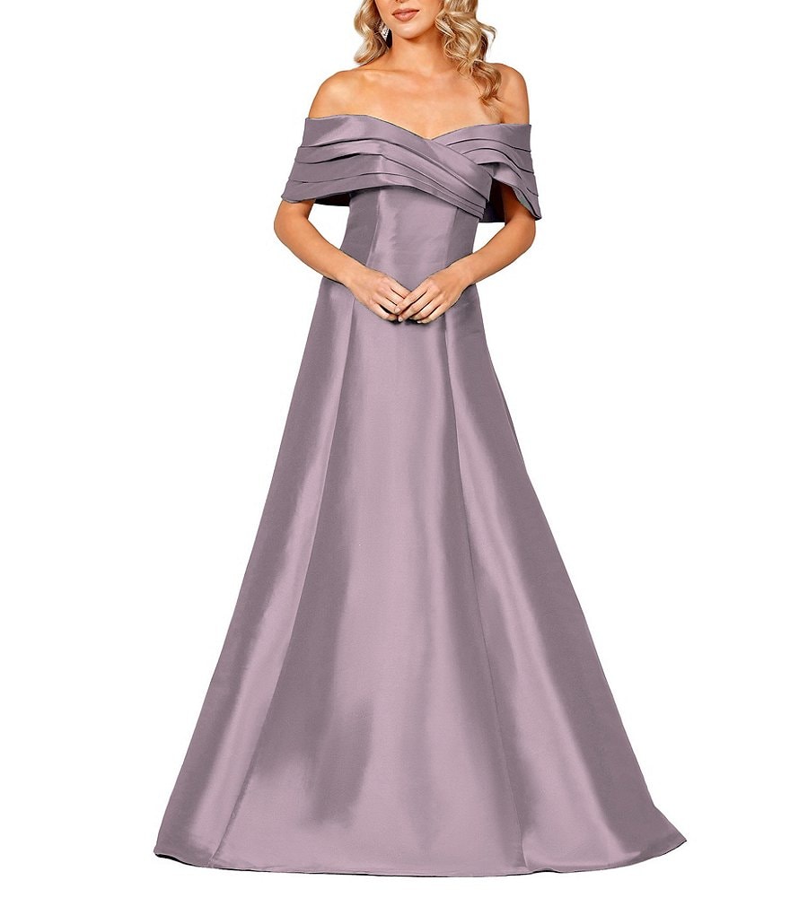 Terani Couture Плиссированное платье А-силуэта с открытыми плечами, фиолетовый