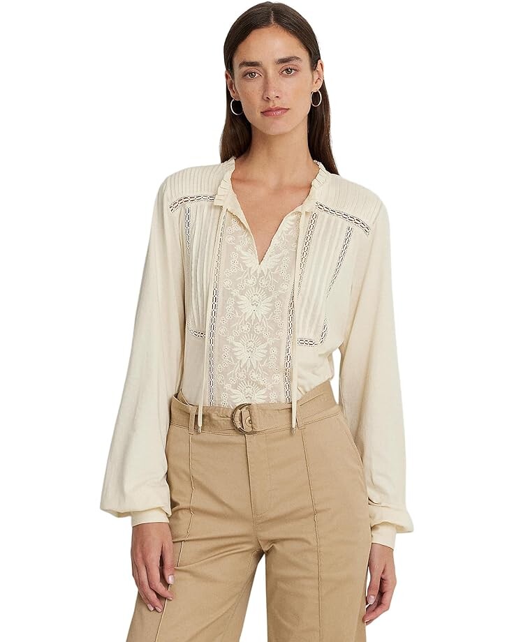 

Топ LAUREN Ralph Lauren Embroidered Jersey Tie-Neck, кремовый