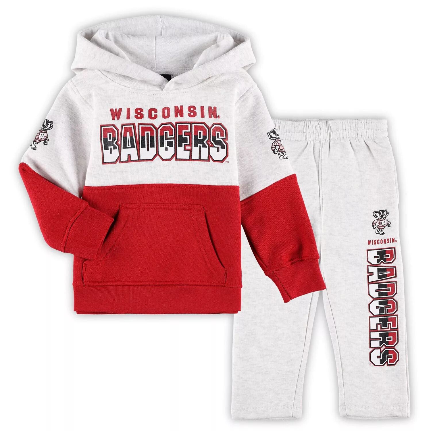

Комплект из пуловера с капюшоном и брюк для малышей Heather Grey/Red Wisconsin Badgers Playmaker Outerstuff