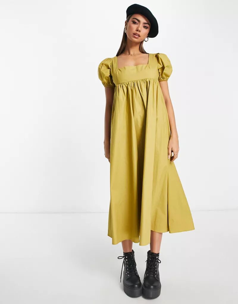 Гламурное свободное платье миди цвета оливкового хаки с квадратным вырезом и рукавами-буфами Glamorous
