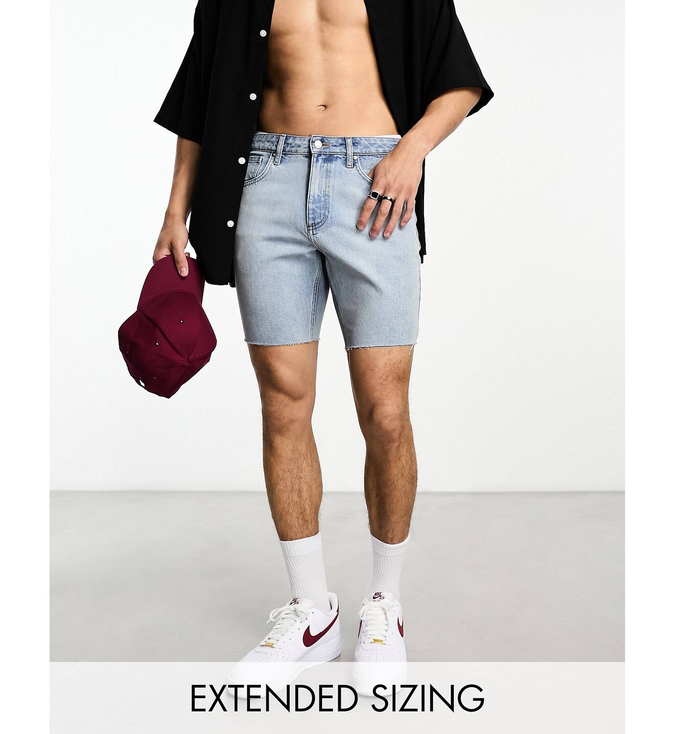 

Голубые узкие джинсовые шорты с необработанным краем ASOS DESIGN