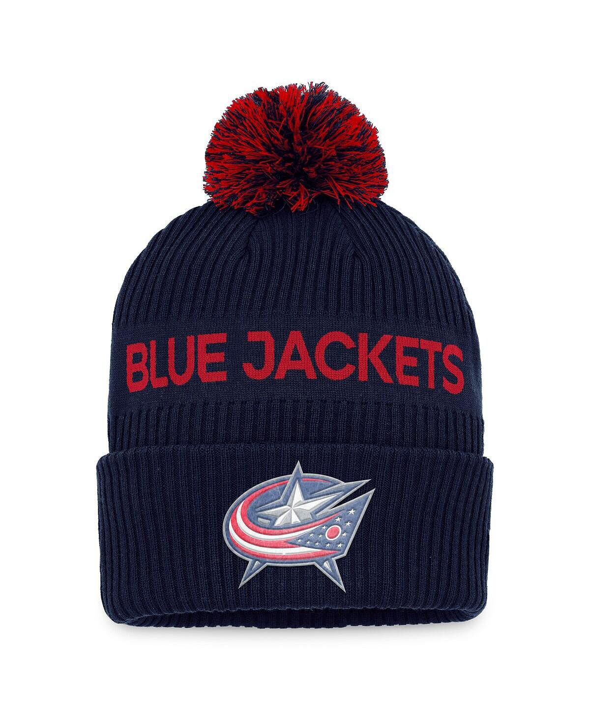 

Мужская фирменная темно-синяя, красная вязаная шапка Columbus Blue Jackets 2022 NHL Draft Authentic Pro с манжетами и помпоном Fanatics