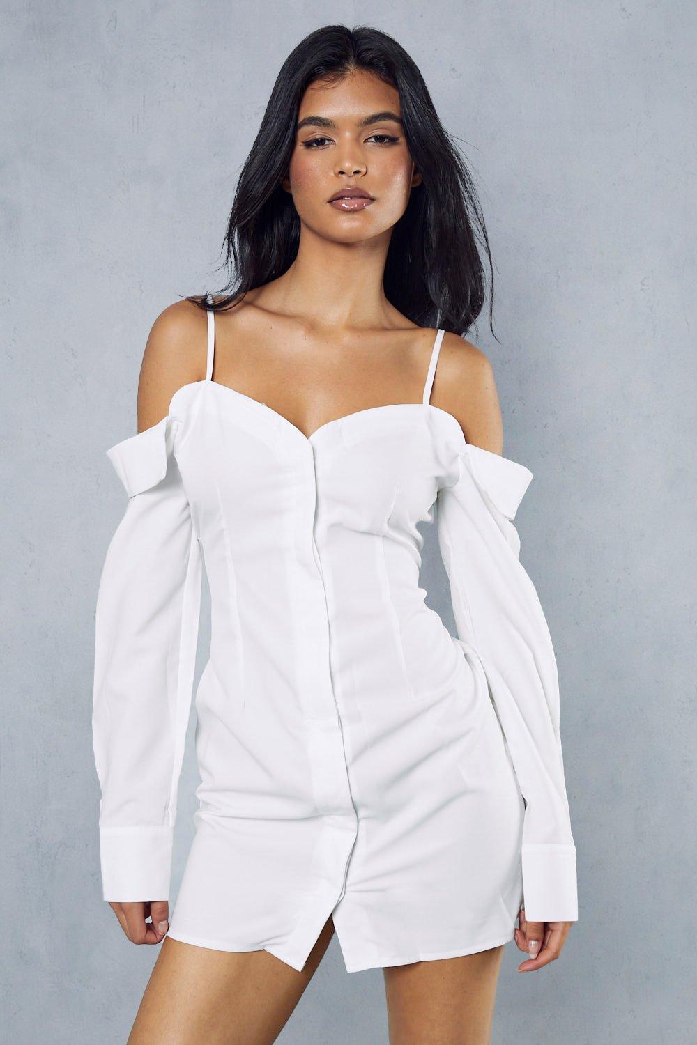 цена Платье-рубашка из поплина с открытыми плечами и пуговицами MISSPAP, белый
