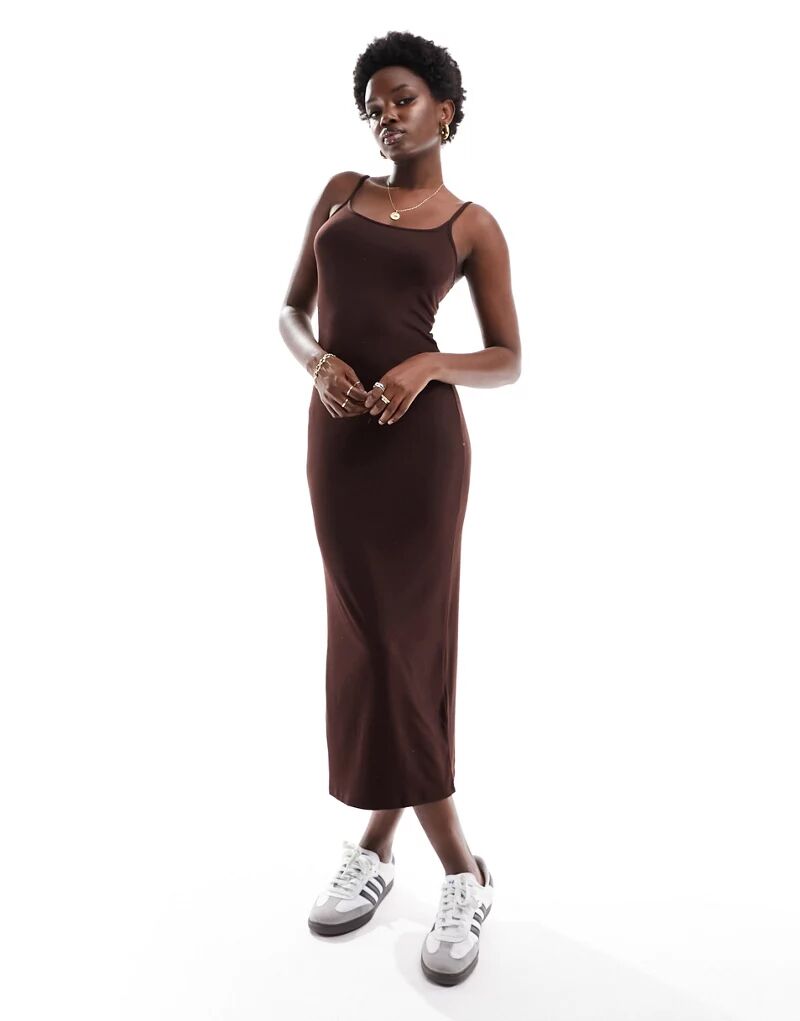 Темно-коричневое платье миди в рубчик в стиле 90-х годов из хлопка на штапеле Cotton:On