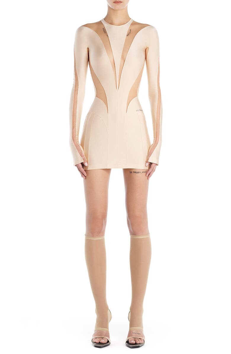 

Платье со спиральными вставками и вырезами с длинными рукавами MUGLER