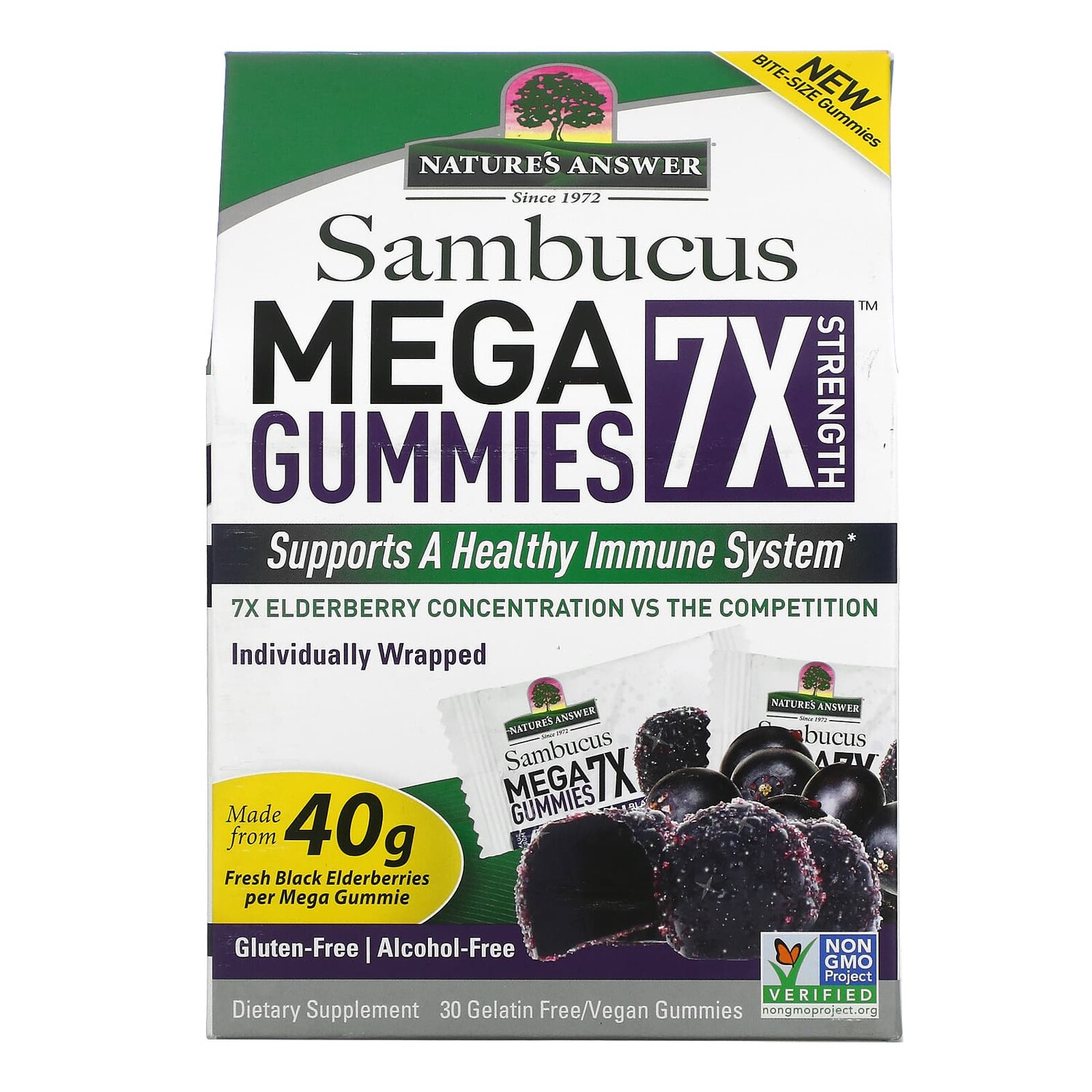

Sambucus Mega Gummies 7X Strength, черная бузина, 30 вегетарианских жевательных мармеладок без желатина, Nature's Answer