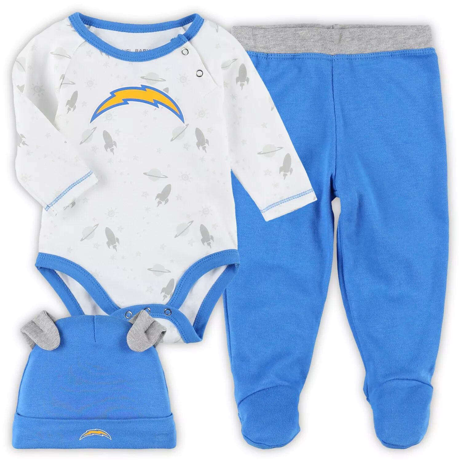 

Белый/пудрово-синий для новорожденных и младенцев Los Angeles Chargers Dream Team Комбинезон со штанами и шапкой Outerstuff