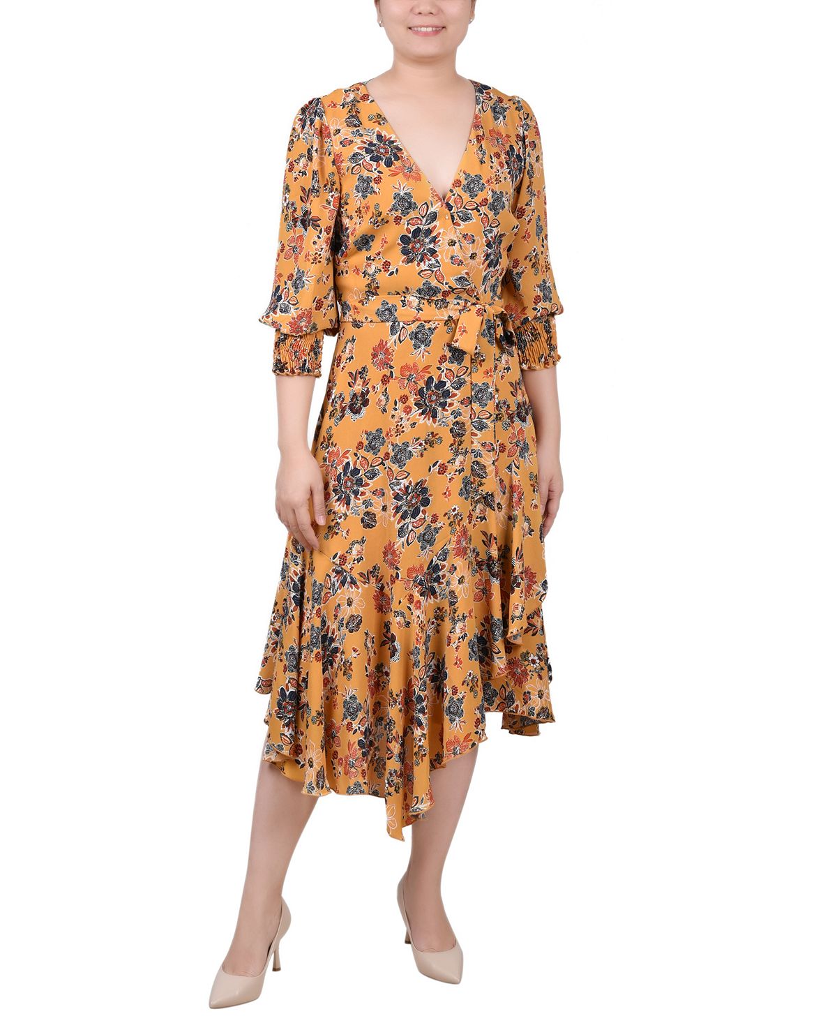Миниатюрное шифоновое платье с рукавами 3/4 и поясом, с платком на подоле NY Collection
