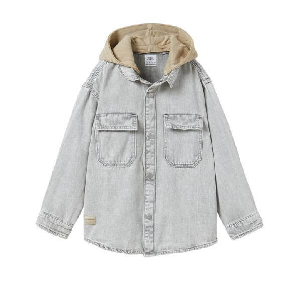 

Джинсовая куртка-рубашка Zara Kids Denim With Detachable Hood, светло-серый