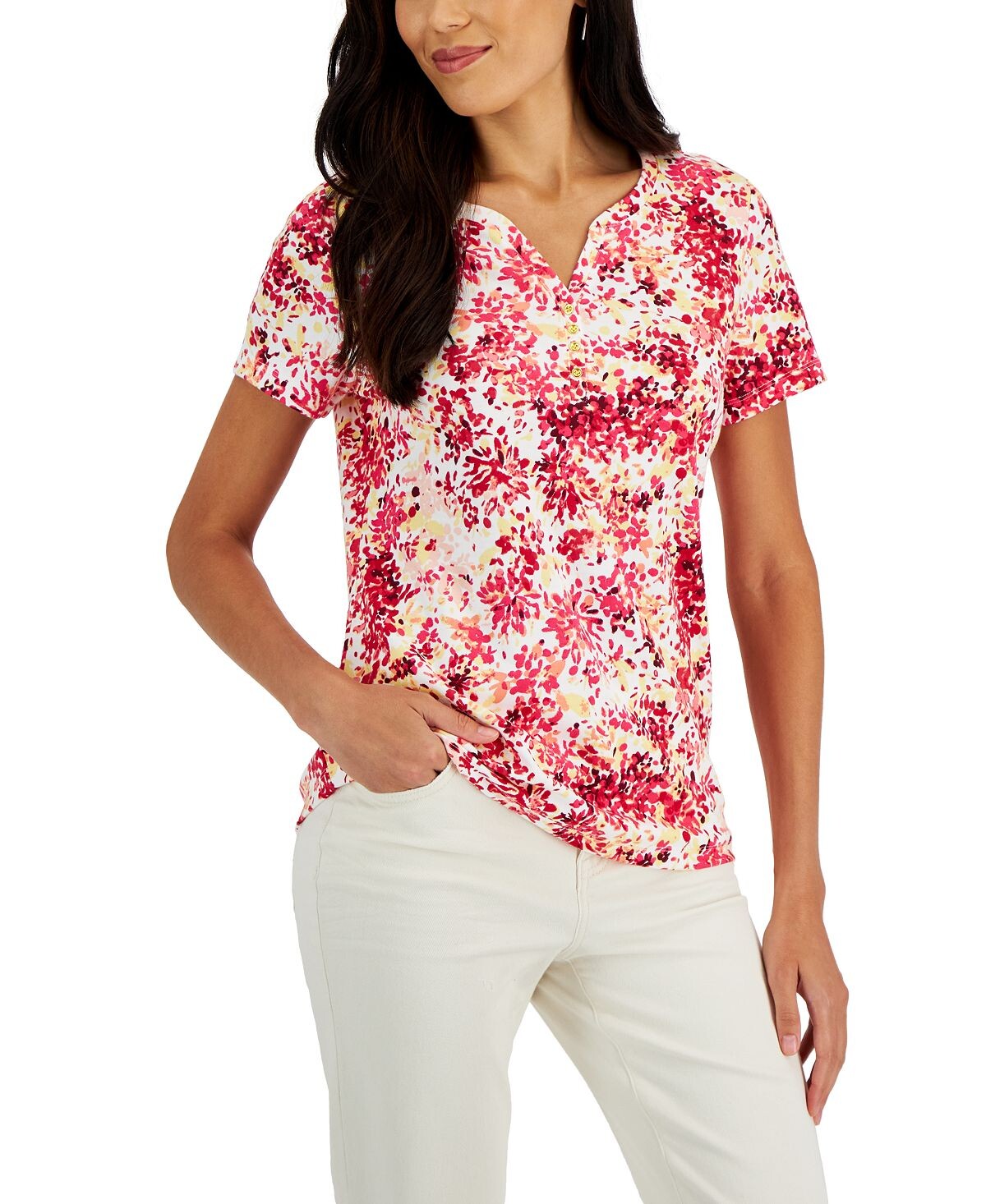 

Миниатюрный топ henley с короткими рукавами и цветочным принтом, созданный для macy's Karen Scott, мульти