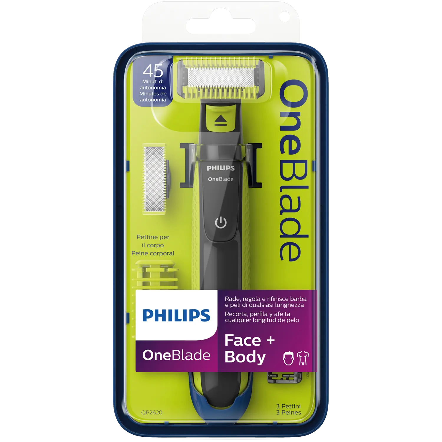

Philips OneBlade QP2620/20 набор для лица и тела: бритва, 1 шт. + насадки для стрижки стерни, 3 шт. + колпачок для обрезки тела, 1 шт. + защитный колпачок для чувствительных зон, 1 шт.