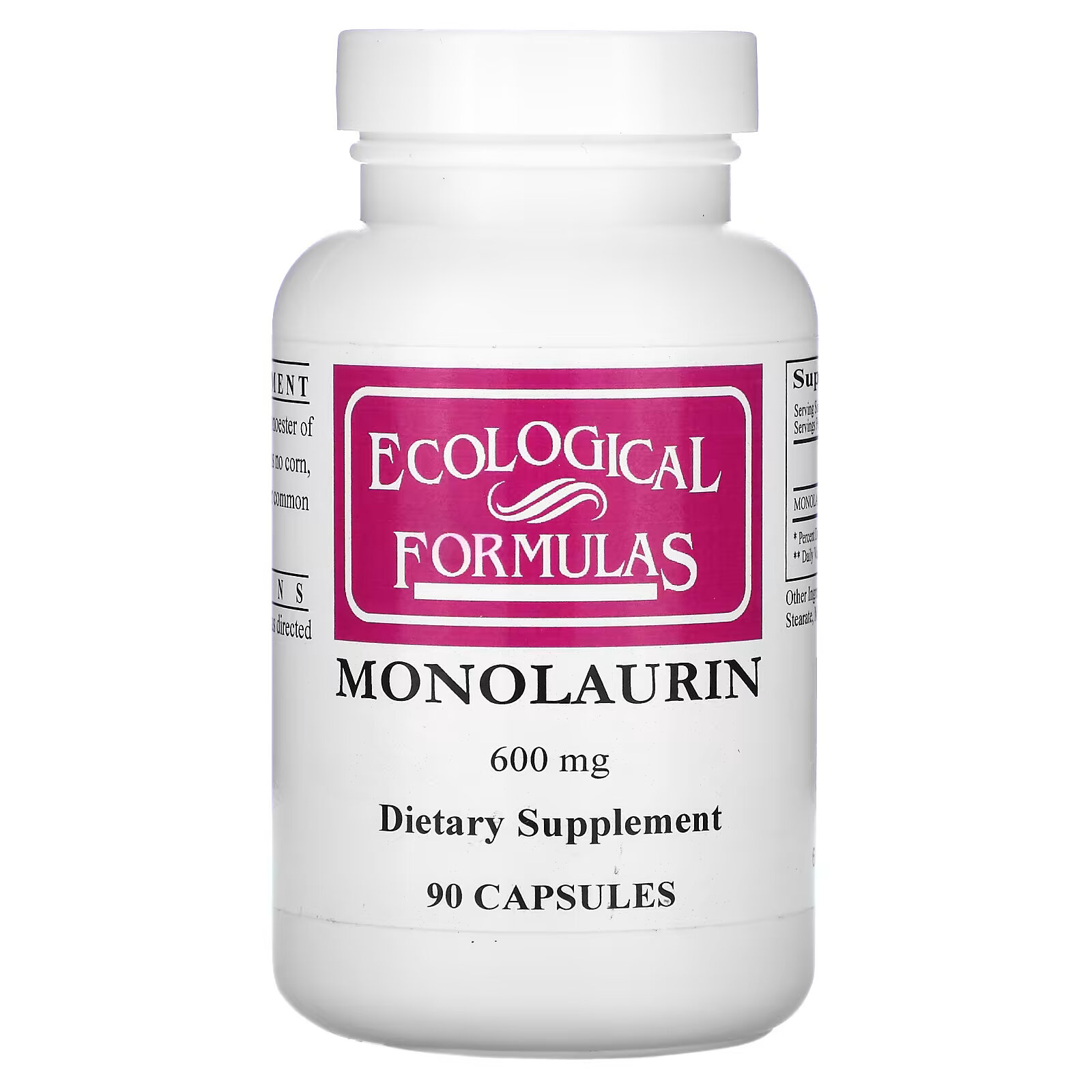 Ecological Formulas, монолаурин, 600 мг, 90 капсул ecological formulas аллитиамин витамин в1 50 мг 250 капсул