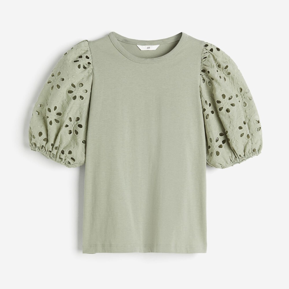 Топ H&M Eyelet Embroidered Sleeves, светло-зеленый свитшот с круглым вырезом из мольтона с английской вышивкой 3 мес 60 см красный