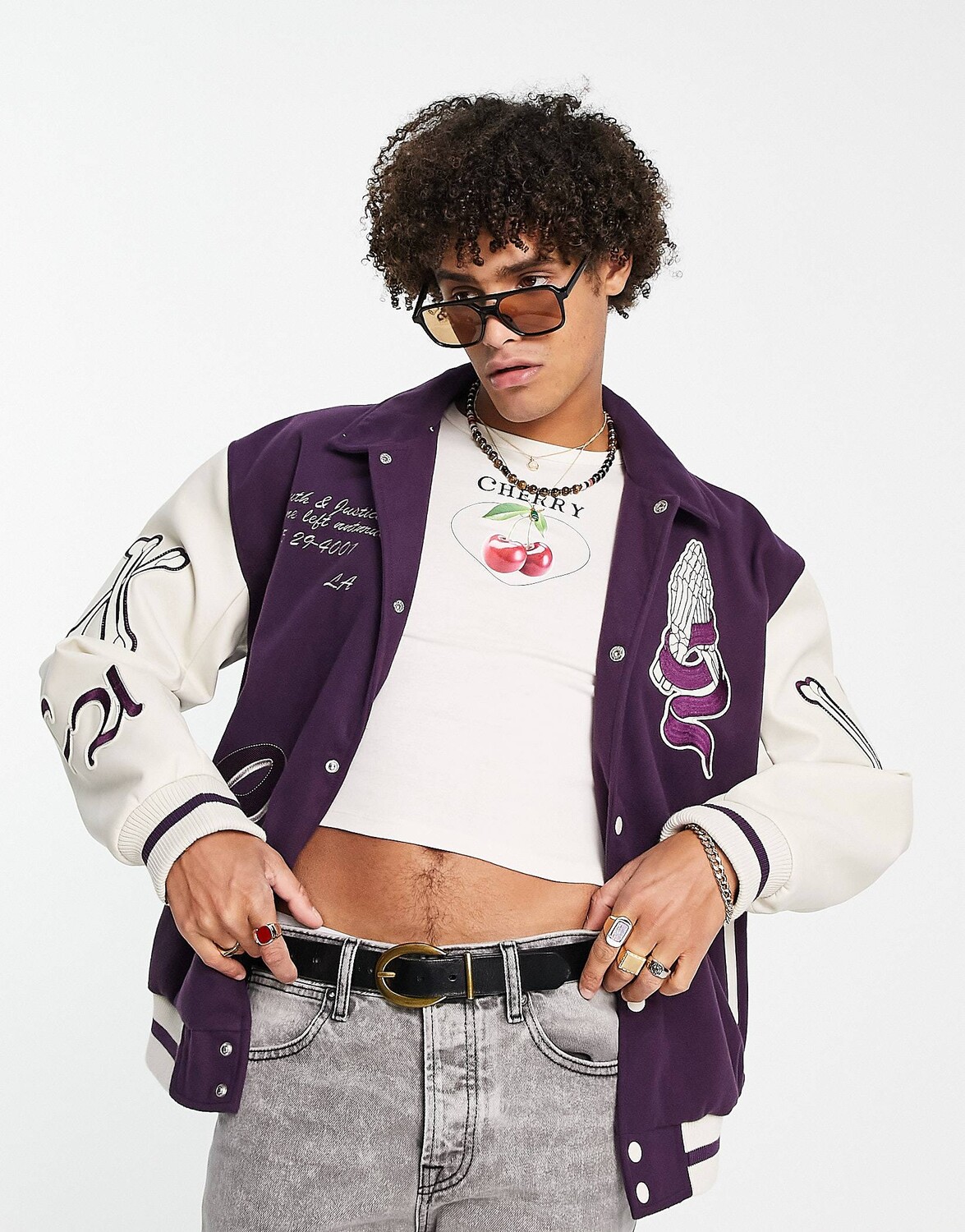 

Фиолетовый свободный университетский бомбер ASOS DESIGN