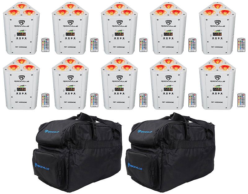 

Комплект 10 Rockville RF WEDGE WHITE RGBWA + UV Аккумулятор Беспроводной DMX Up Lights + Сумки + Пульты 10 RF WEDGE WHITE + RLB30