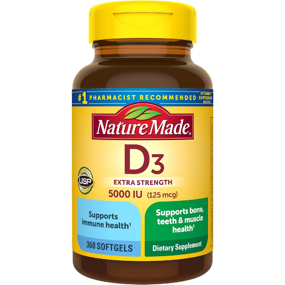 Витамин D3 Nature Made 5000 МЕ, 125 мкг, 360 жевательных капсул кальций nature s way для поддержки костей 120 таблеток