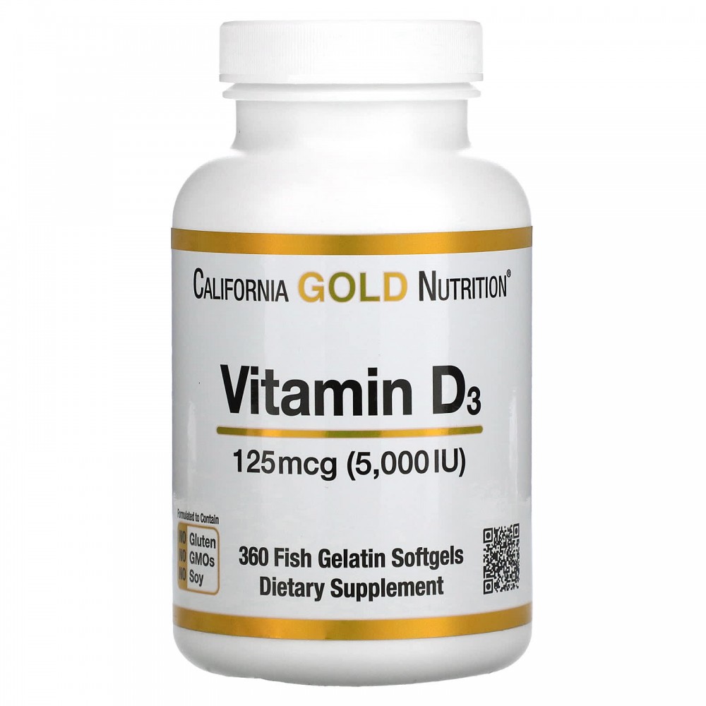 Витамин D3 California Gold Nutrition 125 мкг, 360 мягких капсул california gold nutrition витамин d3 125 мкг 5000 ме 90 капсул из рыбьего желатина