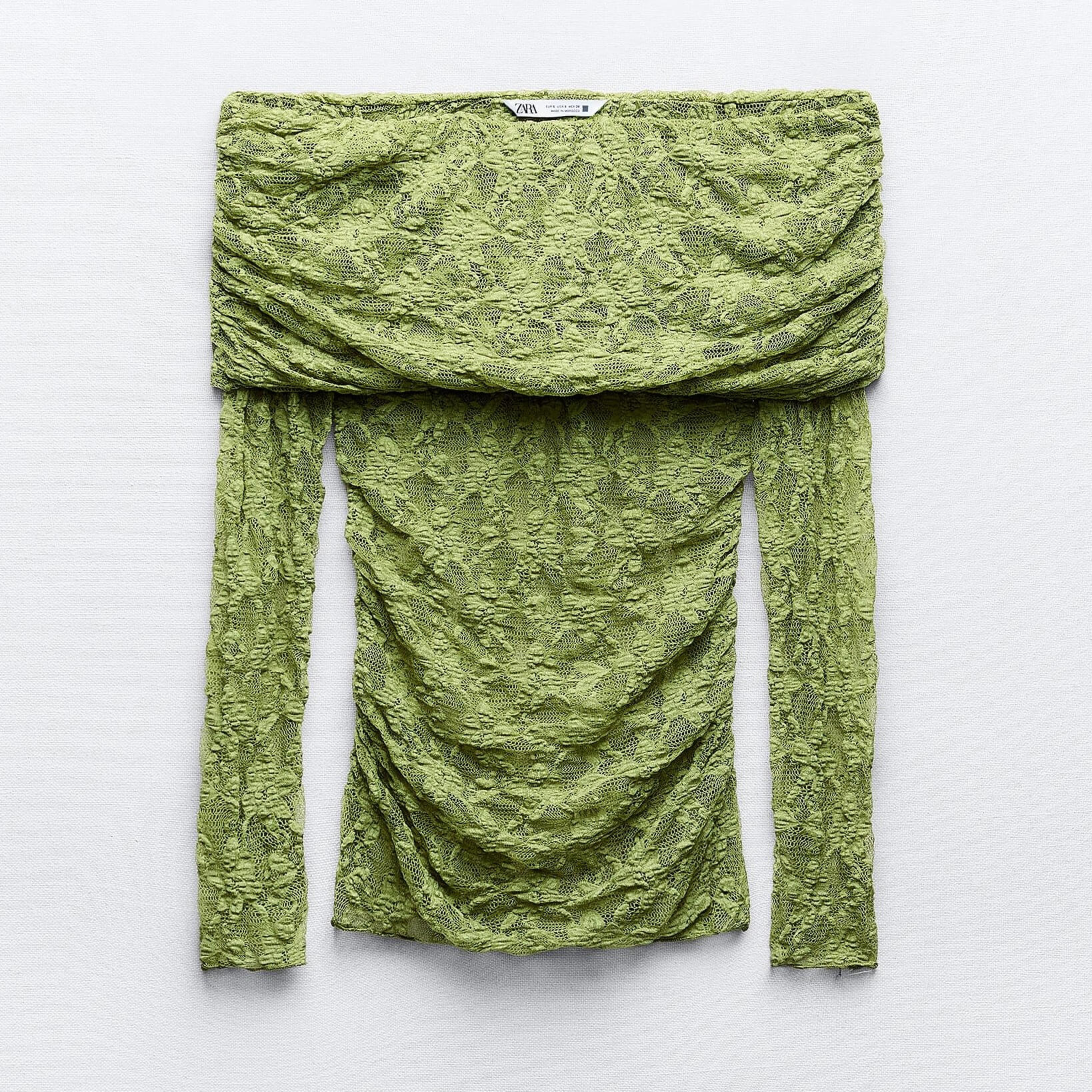 Топ Zara Off-the-shoulder Lace, зеленый