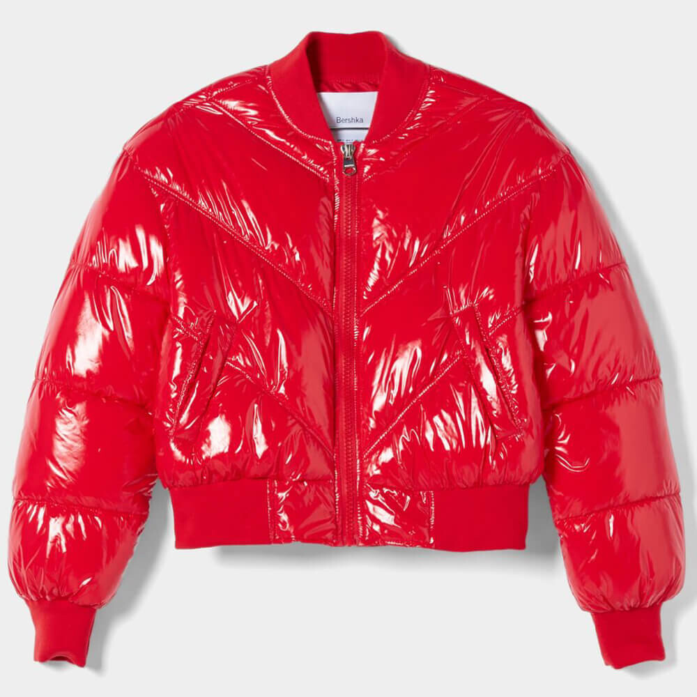 Red cropped vinyl puffer on sale jacket