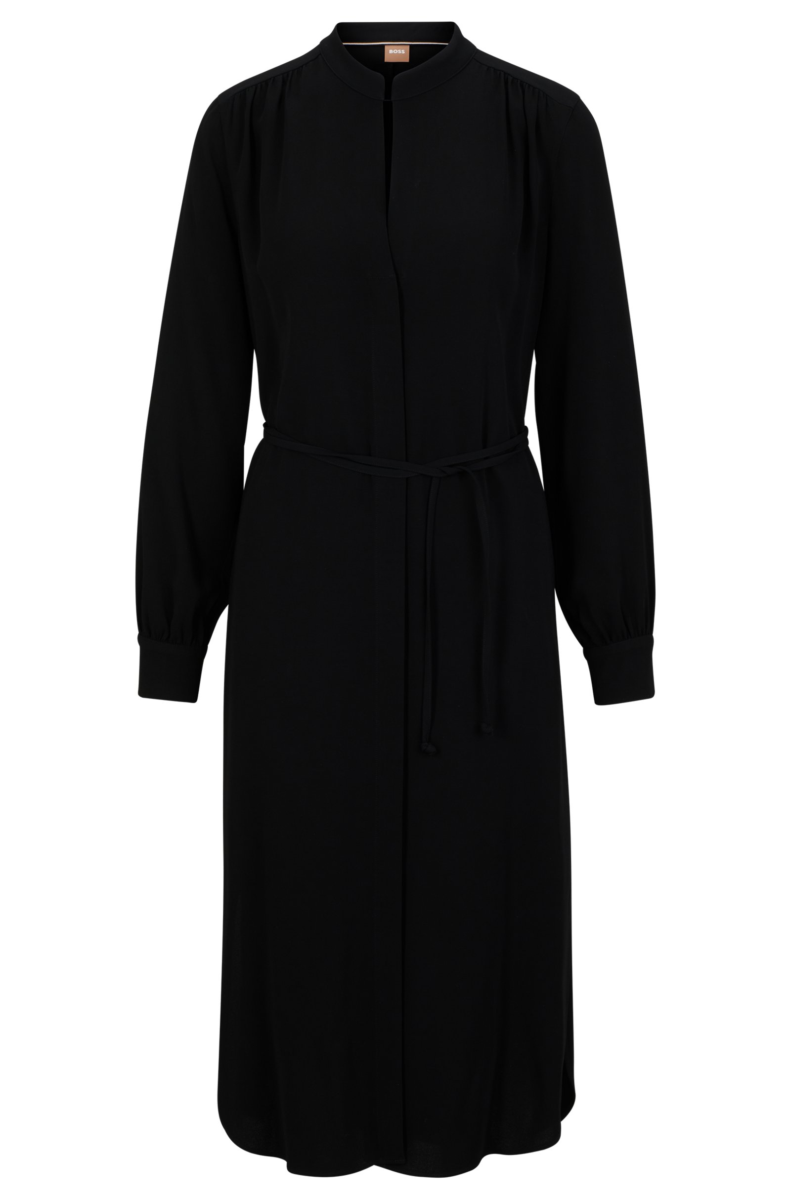Платье Boss Belted With Collarless V Neckline And Button Cuffs, черный блестящее бальное платье трапеция с аппликацией из бисера вечернее платье с v образным вырезом длинными рукавами и поясом вечерние официа