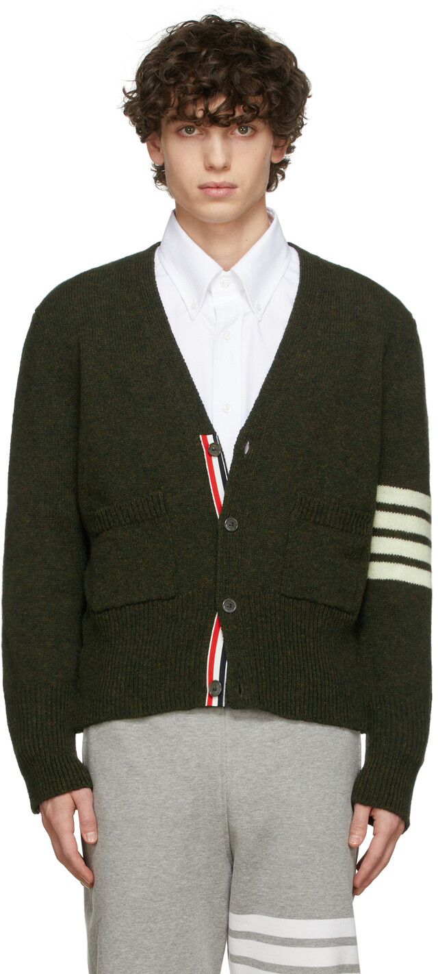 

Зеленый классический кардиган из шетландской шерсти с 4 полосами Thom Browne