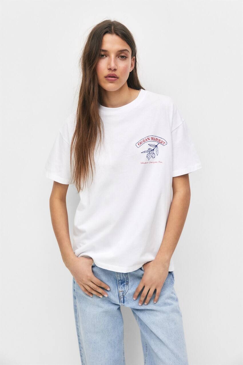 

Футболка с принтом Ocean Market Pull&Bear, белый