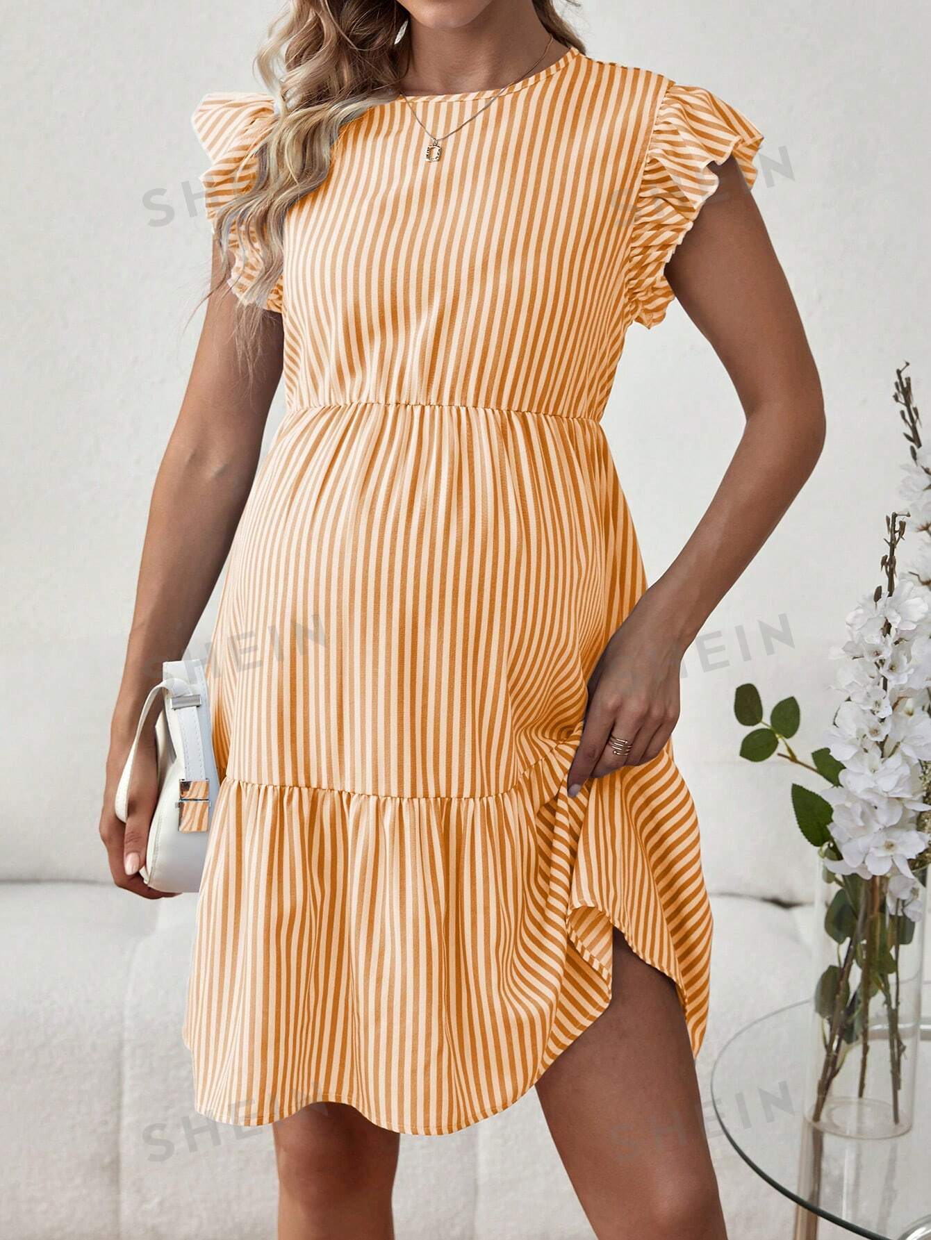 SHEIN Повседневное платье в полоску с рюшами и отделкой для беременных, желтый