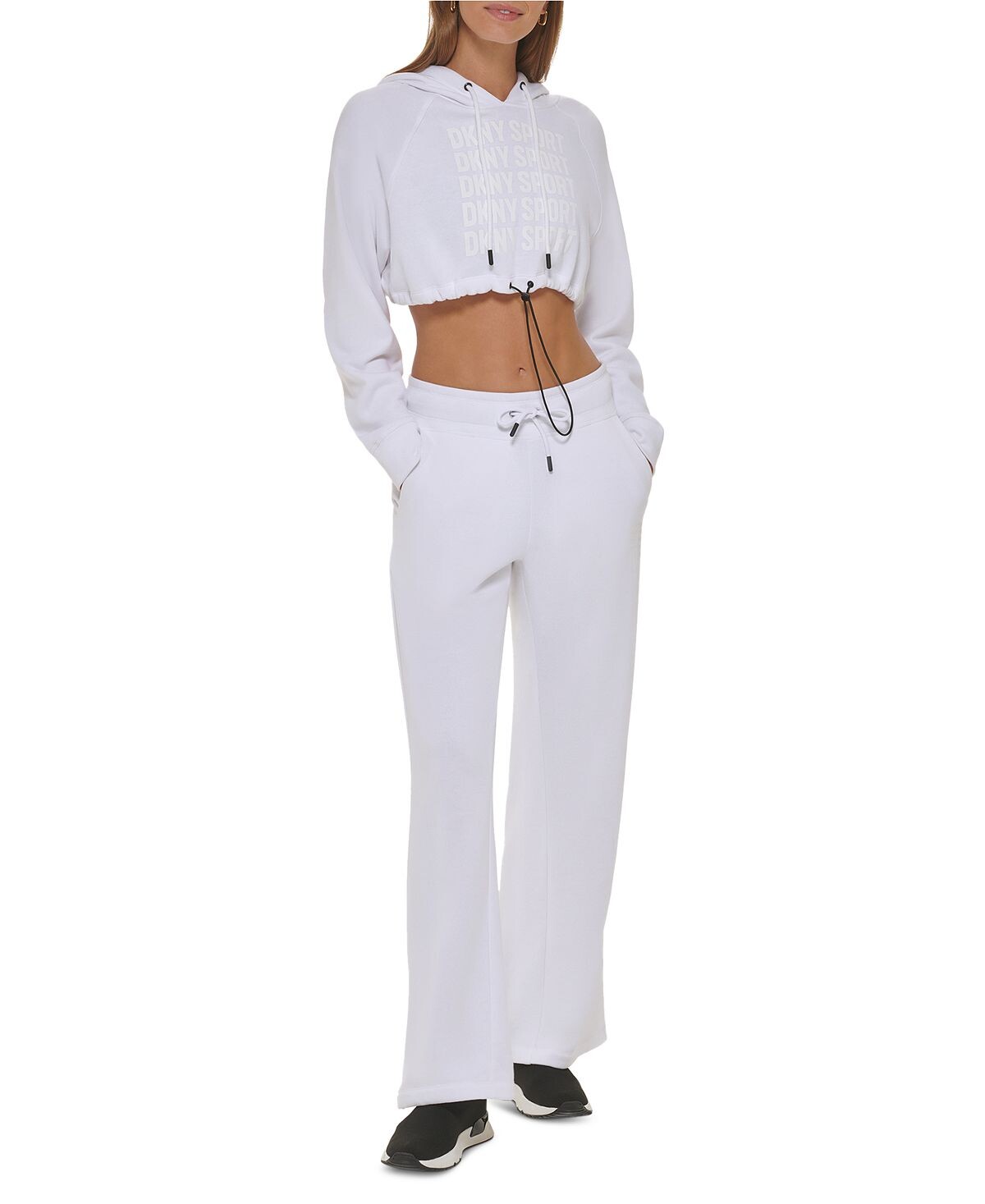 

Женское укороченное худи с повторяющимся логотипом и кулиской DKNY, белый