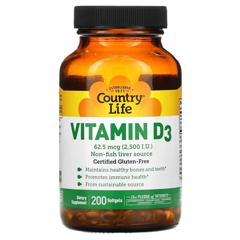 Витамин D3 Country Life 62,5 мкг (2500 МЕ), 200 таблеток витамин d3 country life 62 5 мкг 2500 ме 200 таблеток