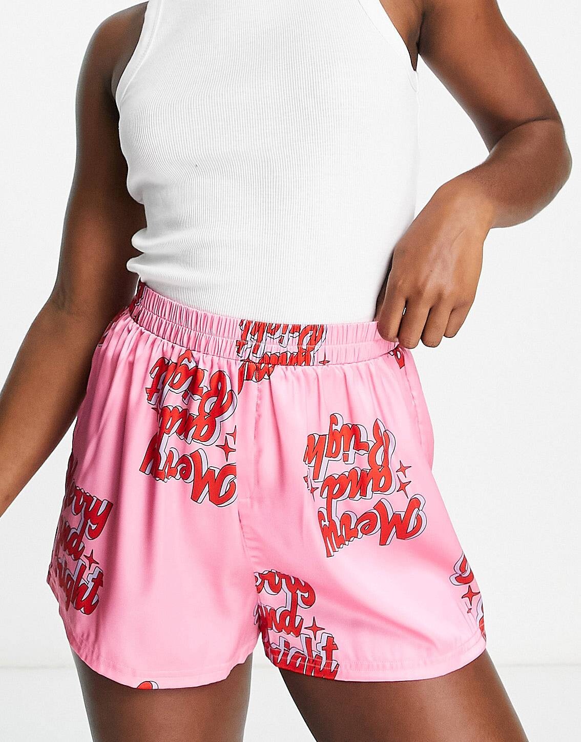 

Розовые атласные шорты-боксеры ASOS DESIGN Christmas merry & Bright