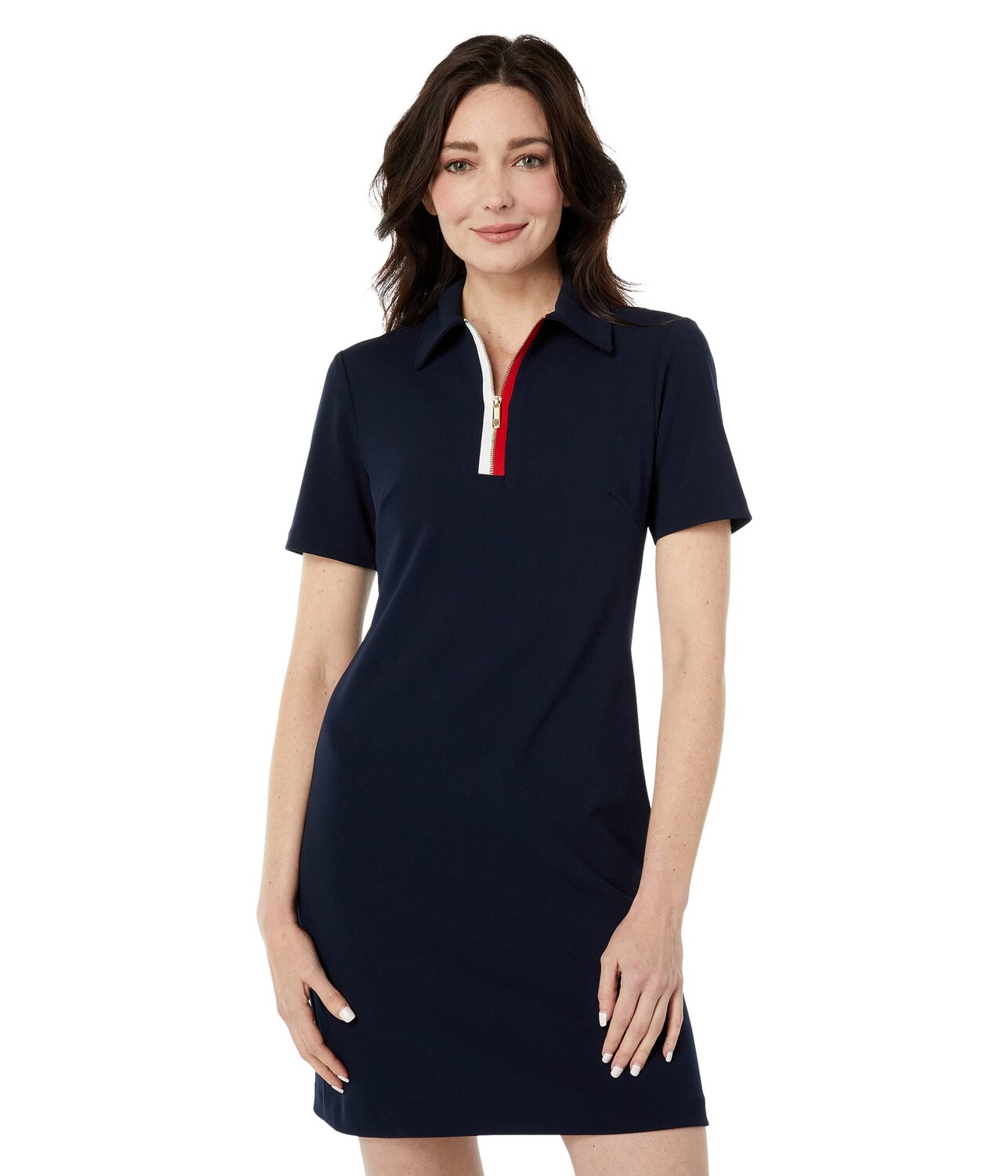 

Платье Tommy Hilfiger, Short Sleeve Scuba Crepe Zip Front Logo Tape Shift