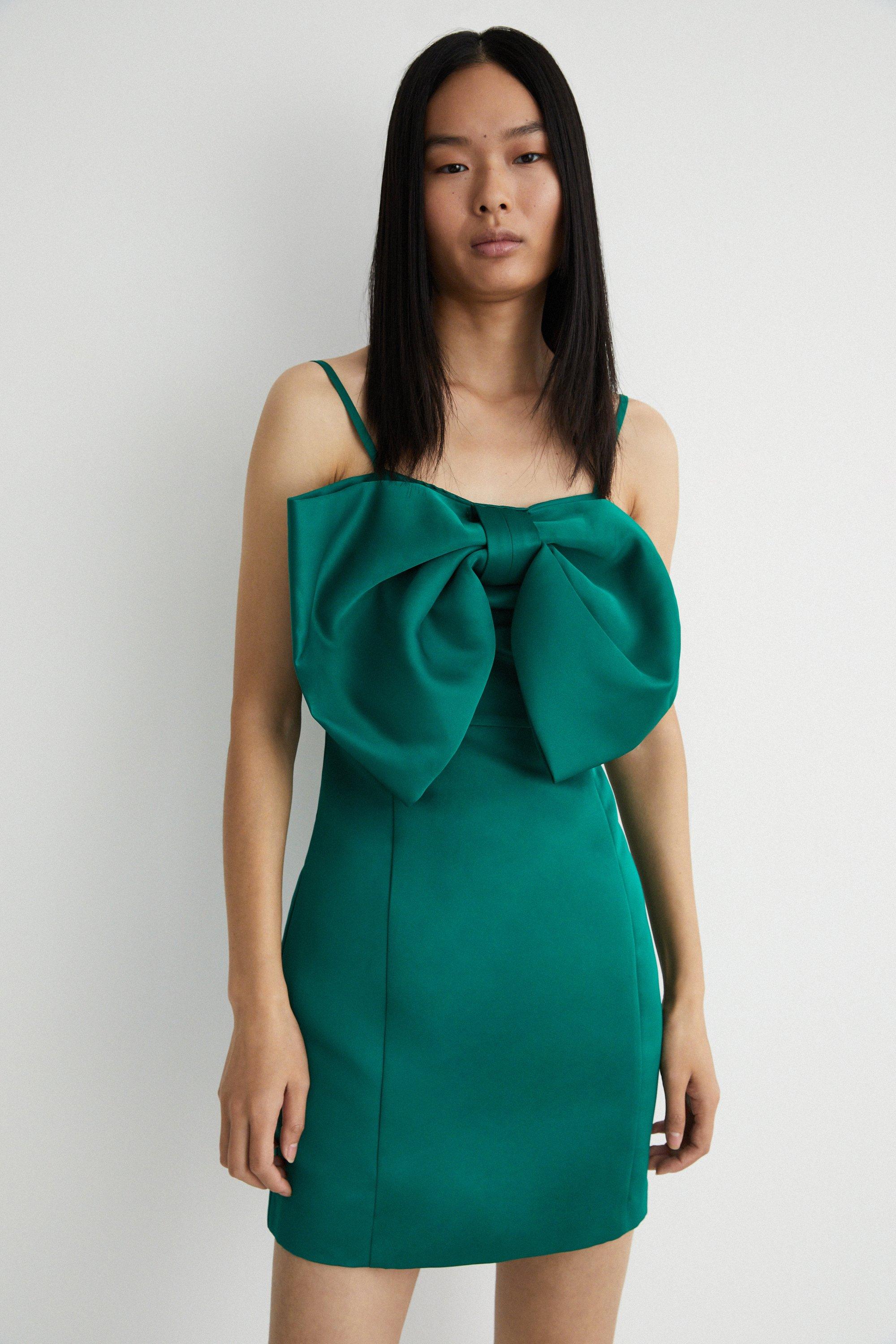 Атласное мини-платье с бантом Warehouse, зеленый