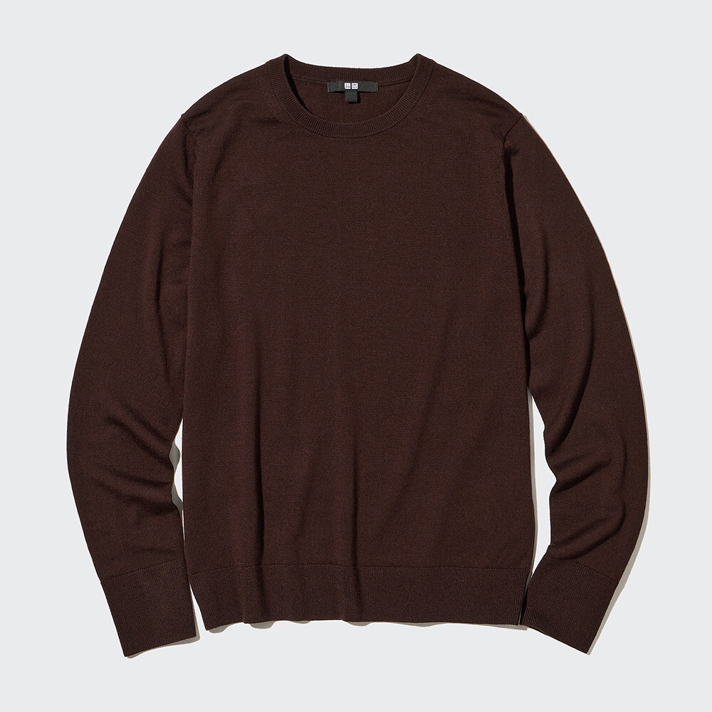 

Свитер Uniqlo камвольный с круглым вырезом из мериносовой шерсти, темно-коричневый