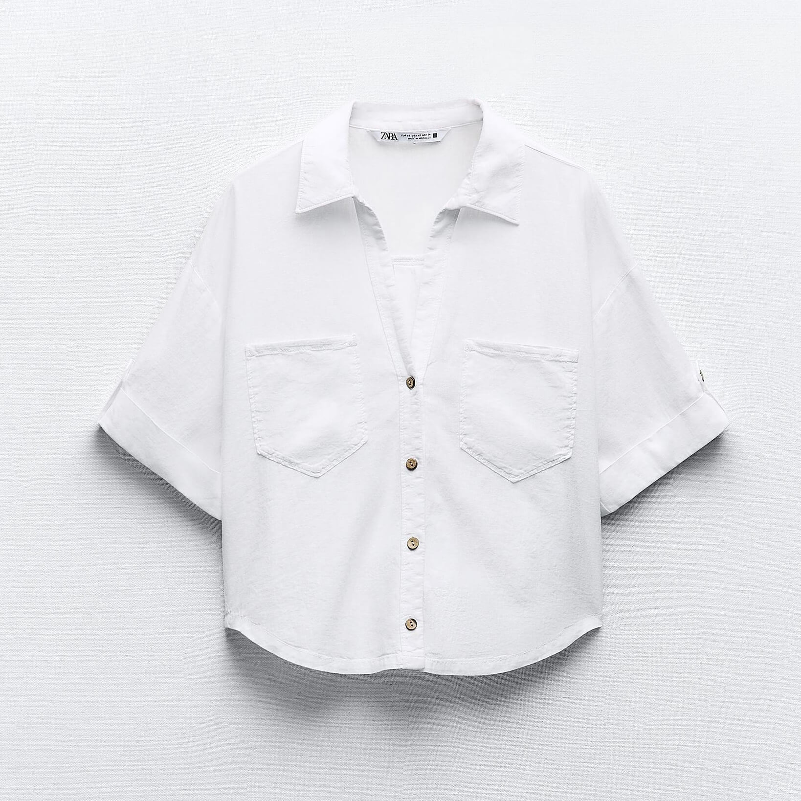 Рубашка Zara Linen Blend Short Sleeve, белый