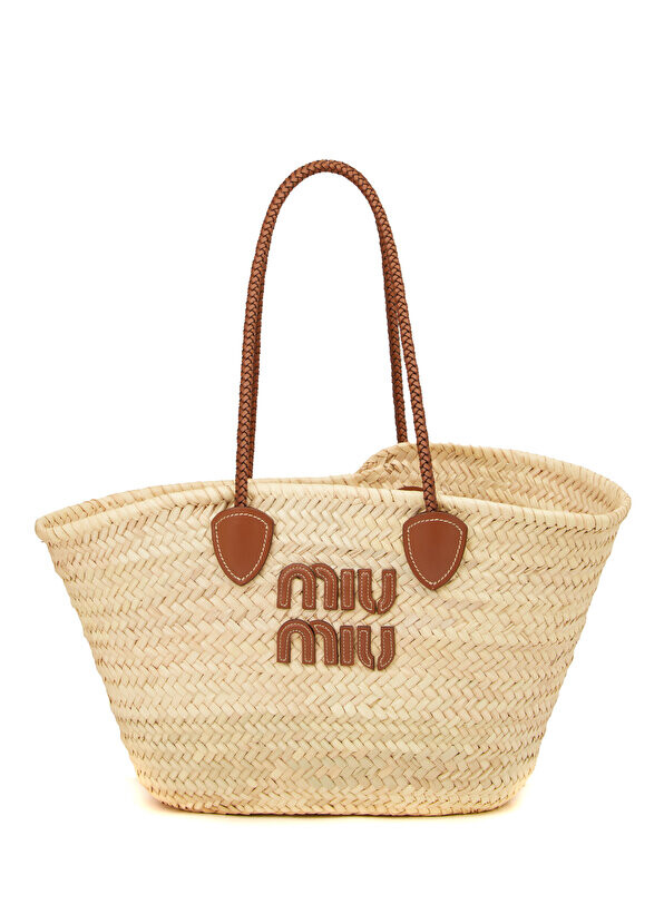 

Бежевая женская соломенная пляжная сумка с логотипом Miu Miu