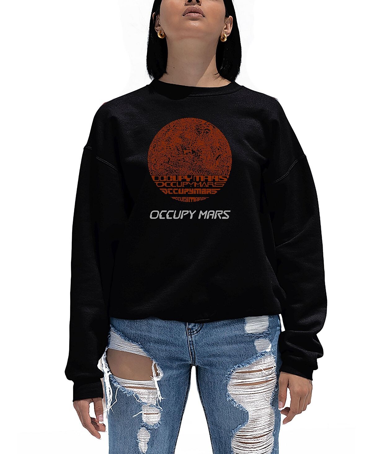 Женская толстовка с круглым вырезом word art occupy mars LA Pop Art, черный