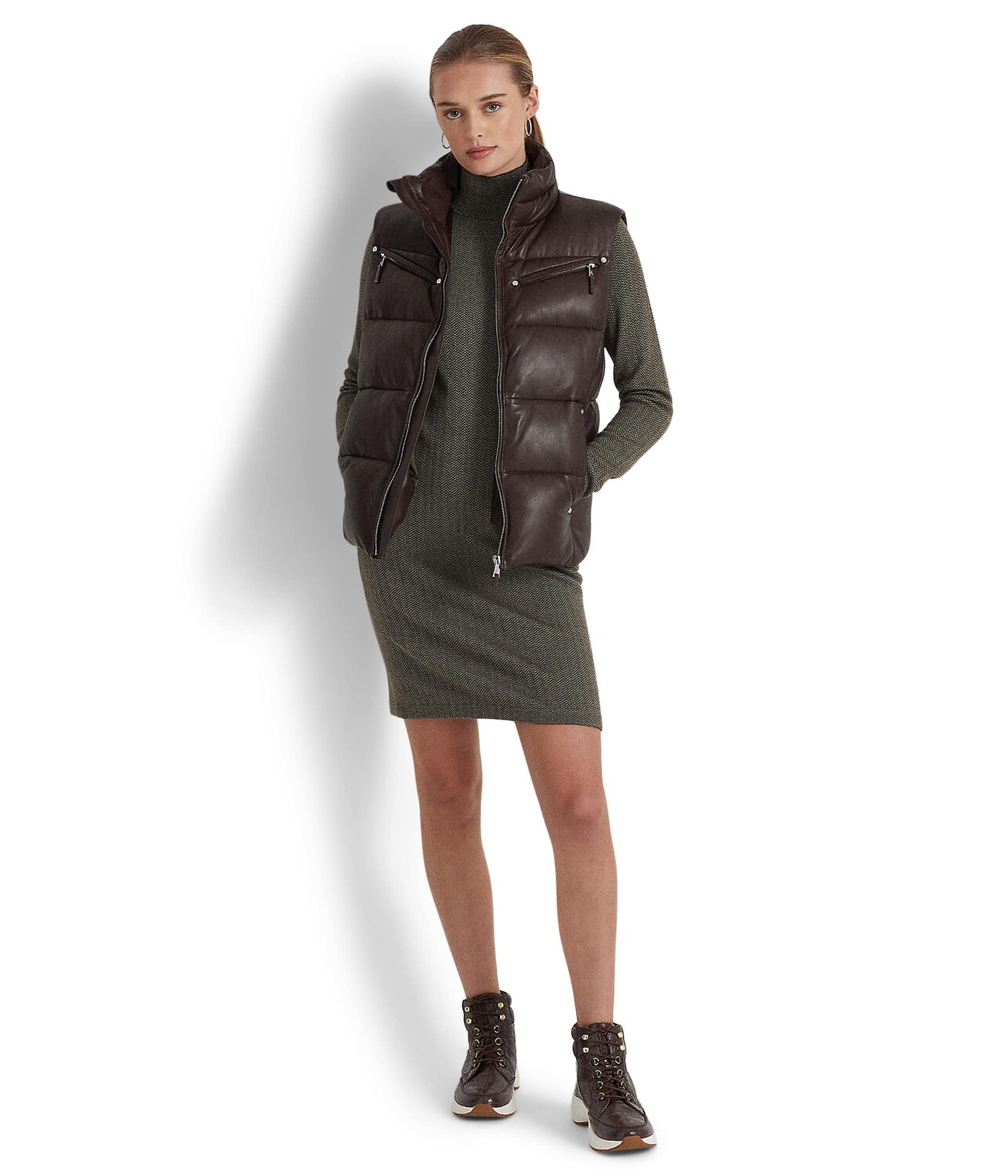 

Платье LAUREN Ralph Lauren, Petite Faux Leather Trim Merino Wool Sweaterdress