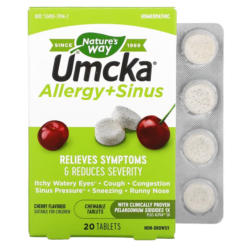 Средство от Простуды Nature's Way Umcka Allergy + Sinus, вишня, 20 таблеток nature s way umcka от простуды и гриппа апельсин 20 жевательных таблеток