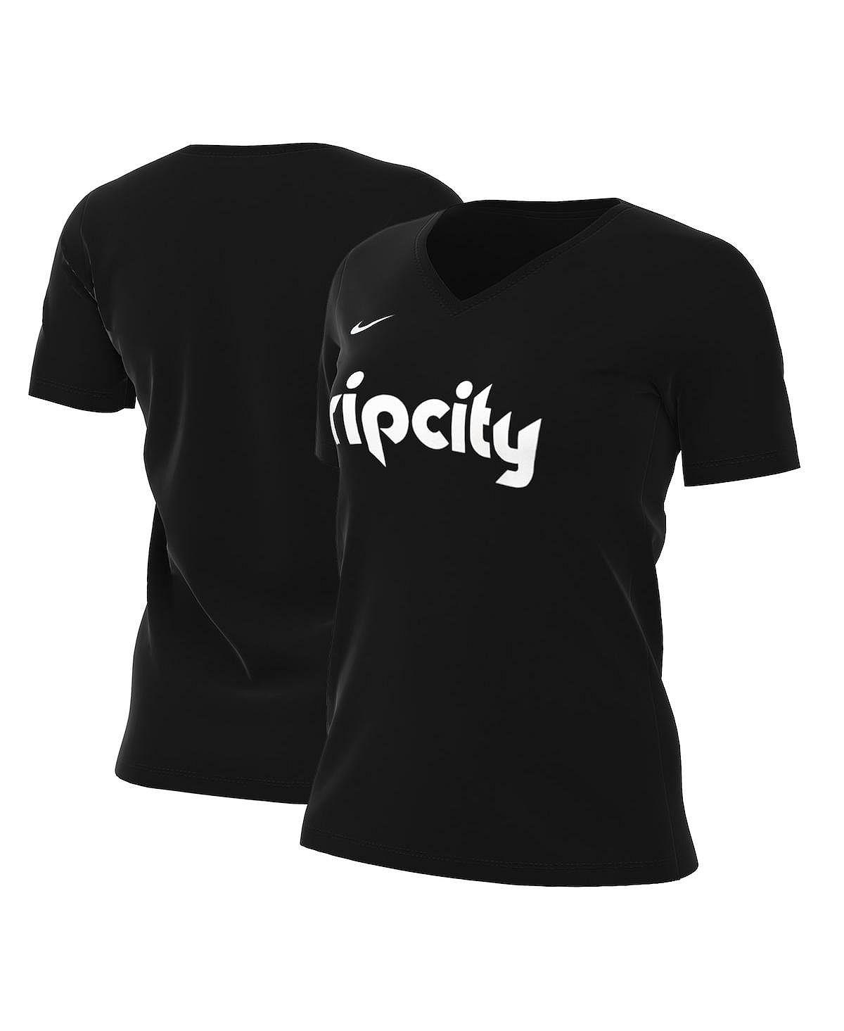 Женская черная футболка portland trail blazers 2022/23 city edition essential с v-образным вырезом Nike, черный