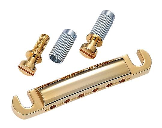 Allparts Gold Stop Tailpiece, со шпильками и анкерами с резьбой США, золото, расстояние между шпильками 3-1/4 дюйма TP-0400-002 tp