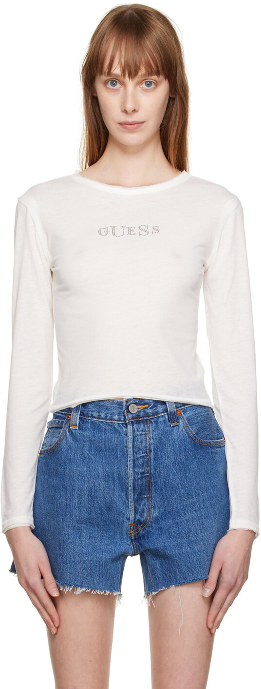 

Белая футболка с длинным рукавом с круглым вырезом Guess Jeans U.S.A., Белый
