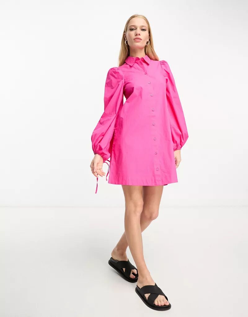 Розовое платье-рубашка мини с объемными рукавами Monki цена и фото